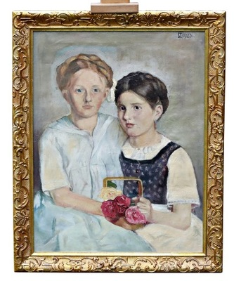Portret - matka z córką - malowany obraz olejny z Niemiec