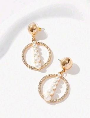 Kolczyki złote długie duże okrągłe koła obręcze z cyrkoniami z perłami