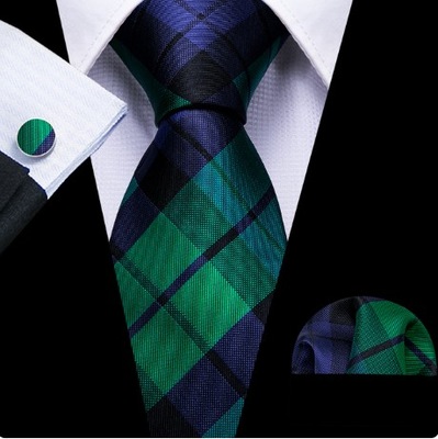 Krawat Poszetka Spinki Nowy zestaw zielony granatowy krata
