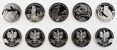 ZESTAW 5 POLSKICH MONET, 20 ZŁOTYCH 2005-2009, SREBRO