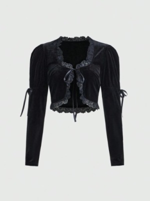 SHEIN BOLERKO TOP AKSAMIT KORONKA WIĄZANIE R.XS D185115