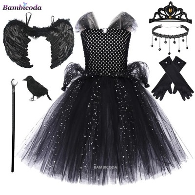 STRÓJ KOSTIUM PRZEBRANIE Dziewczęca Halloween zła czarownica czarna sukni