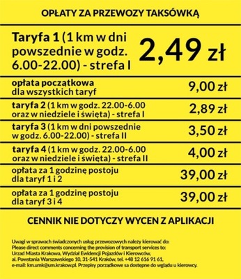 Cennik taryfy taxi folia stawki do taksówki iCar - Kraków ASTRA oznaczenie