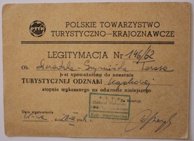 WARSZAWA 1962 - LEGITYMACJA - POLSKIE TOWARZYSTWO - KRAJOZNAWCZE