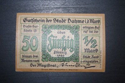 DAHME NIEMCY 1920 50 PFENNIG 1/2 MARK STAN