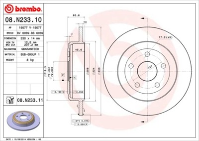 DISCOS DE FRENADO PARTE TRASERA BREMBO 08.N233.11 08N23311  