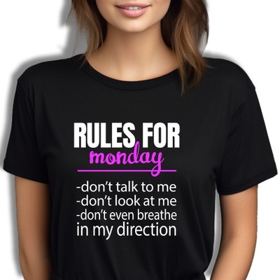 Koszulka Damska Czarna RULES FOR MONDAY Wysoka Jakość Wzory Rozmiar - L