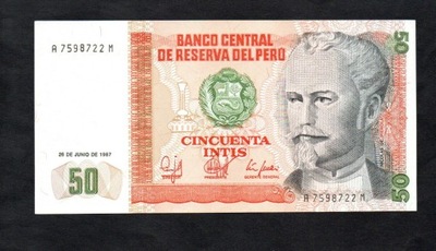 BANKNOT PERU -- 50 INTIS -- 1987 rok, UNC