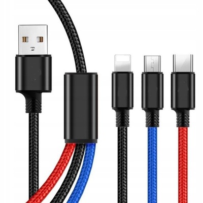 KABEL USB ŁADOWARKA 3w1 microUSB, USB-C, Lightning