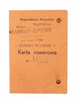 KARTA ROWEROWA - ROWER VOLDAMPF, MIEŚCISKO / WYBRANÓWKO / WĄGROWIEC 1945
