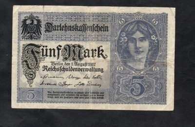 BANKNOT NIEMCY -- 5 marek -- 1917 rok -- seria F