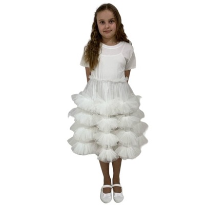 Sukienka M 317 balowa efektowna bawełniana tiulowa biała 140/146
