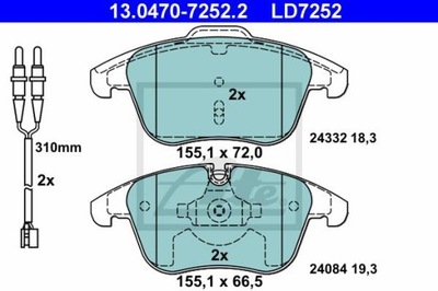 ATE 13.0470-7252.2 КОЛОДКИ КЕРАМИЧЕСКИЕ ПЕРЕД CITROEN C5 1,6-2,0 08-