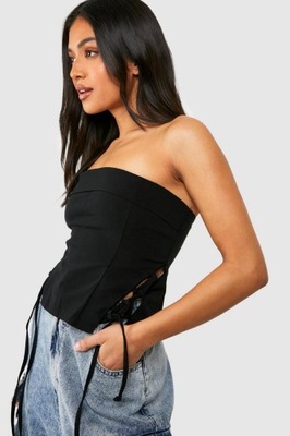 CZARNY GORSETOWY CROP TOP WIĄZANE BOKI DOPASOWANY WYCIĘCIA BOOHOO 44