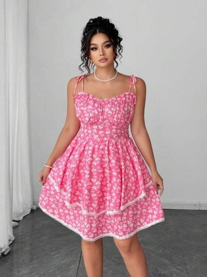 RÓŻOWA ROZKLOSZOWANA MINI SUKIENKA NA RAMIĄCZKACH WZORZYSTA SHEIN 48