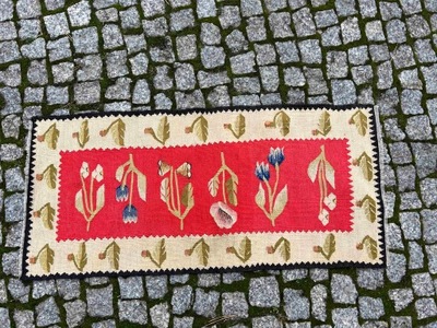 KILIM ART DECO WEŁNA RĘCZNY 87x41 cm TULIPANY