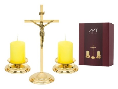Zestaw kolędowy złoty mosiądz Krzyż stojący i Świeczniki na Kolędę 20 cm