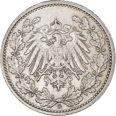 Moneta, NIEMCY - IMPERIUM, 1/2 Mark, 1909, Karlsru