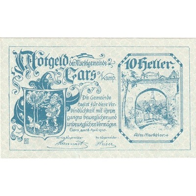 Banknot, Austria, Gars am Kamp, 10 Heller, Blason