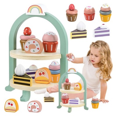 ZESTAW SERWIS DLA DZIECI ZE SŁODYCZAMI DREWNIANA PATERA +ZASTAWA CIASTECZKA