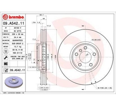 BREMBO ДИСК ГАЛЬМІВНИЙ 356X36 V BMW X5