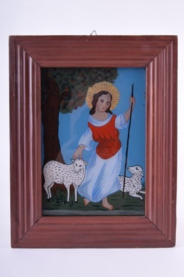 Sztuka naiwna Jezus z barankiem XIX w 17x12cm