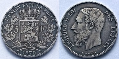 BELGIA 5 FRANKÓW 1870 / srebro