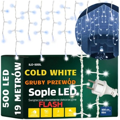 LAMPKI ŚWIĄTECZNE ZEWNĘTRZNE SOPLE 500 LED ŚWIATEŁKA GRUBY PRZEWÓD FLASH