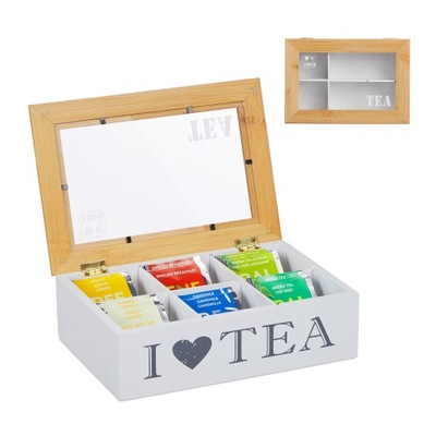 Pudełko pojemnik na herbatę 6 przegródek z pokrywą