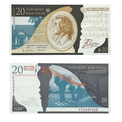 Banknot UNC - 2010 - 20 ZŁ - 200. rocznica urodzin Fryderyka Chopina