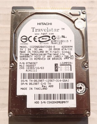 Dysk 2,5' 20GB IDE PATA HITACHI Travelstar IC25N020ATCS04-0