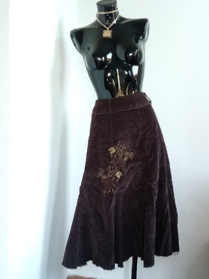 Vintage sztruksowa brązowa spódnica boho haft XL L