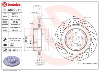 DISCOS DE FRENADO PARTE TRASERA BREMBO 09.A822.11 09A82211  