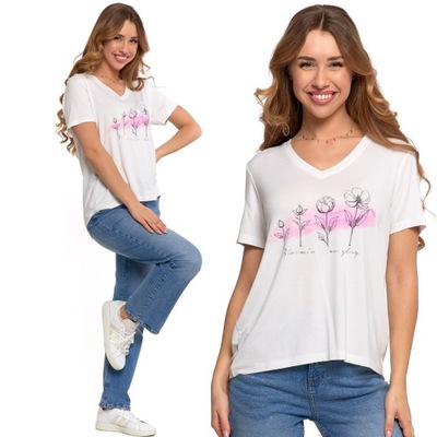 T-SHIRT DAMSKI KOSZULKA Z WISKOZY MORAJ KRÓTKI RĘKAW Z NADRUKIEM BIAŁA 3XL