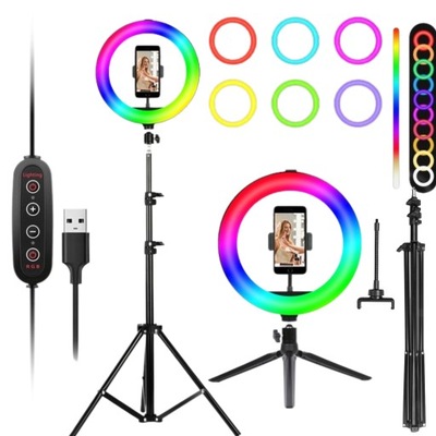 LAMPA PIERŚCIENIOWA RING LED ZE STATYWEM RGB DUŻA