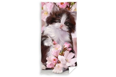 Bawełniany ręcznik plażowy kąpielowy z kotem 70x140 kot kwiaty koteczek róż