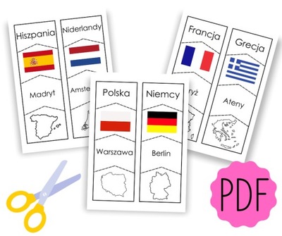 EUROPA KARTY PRACY - państwa FLAGI stolice - PUZZLE Montessori - PLIK PDF