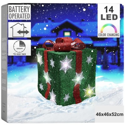 PREZENT ŚWIECĄCY ZIELONY 14 LED 46CM ŚWIĄTECZNA OZDOBA ZEWNĄTRZ TIMER