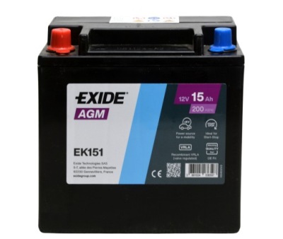 Exide старт-стоп aux agm ek151 12v 15ah 200a фото №1