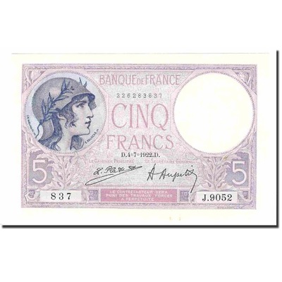 Francja, 5 Francs, Violet, 1922, 1922-07-04, UNC(6