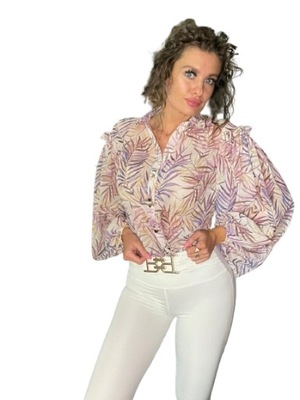 Bluzka koszulowa La Perla fioletowe liście bufiaste rękawy S 36