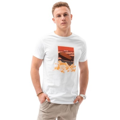 T-shirt męski z nadrukiem S1434 V-10A biały XXL