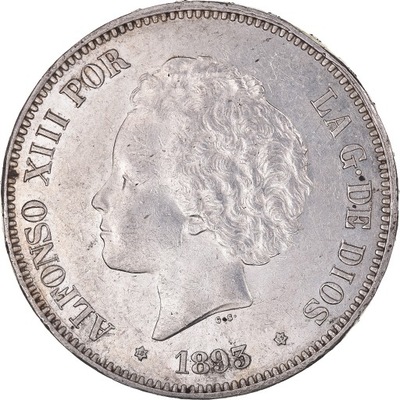 Moneta, Hiszpania, Alfonso XIII, 5 Pesetas, 1893,