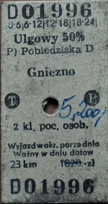 PKP, BILET KARTONIK, POBIEDZISKA - GNIEZNO