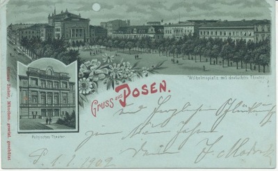 Poznań Plac Wilhelma Teatr Polski I niemiecki 1901 r Litografia