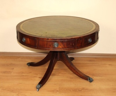 Duży stół angielski okrągły,skórzany blat,śr.90 cm