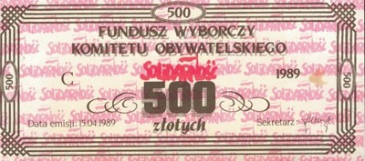 Solidarność Fundusz Wyborczy Komitetu 500zł 1989