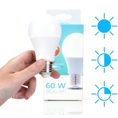 ŻARÓWKA LED ŚCIEMNIALNA NIE WYMAGA ŚCIEMNIACZA BIAŁ NEUTRALNA E27 806lm 10W