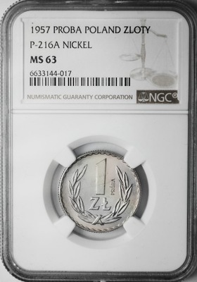 NC 1 złoty 1957 próba, nikiel - NGC MS63
