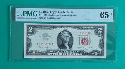 Banknot USA 2 dolary 1963 czerwona pieczęć PMG 65